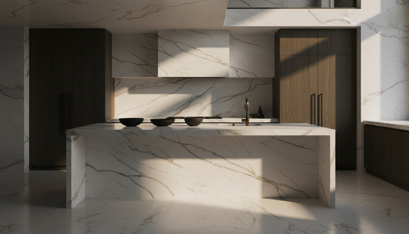 Quarzo venato Calacatta Manhattan bianco con ampie venature taupe diagonali, lastra Michelessi