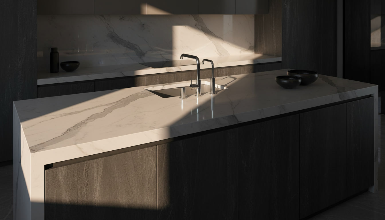 Quarzo venato La Pedrera bianco con macchie grigio-blu delicate e ombre crema, lastra Michelessi
