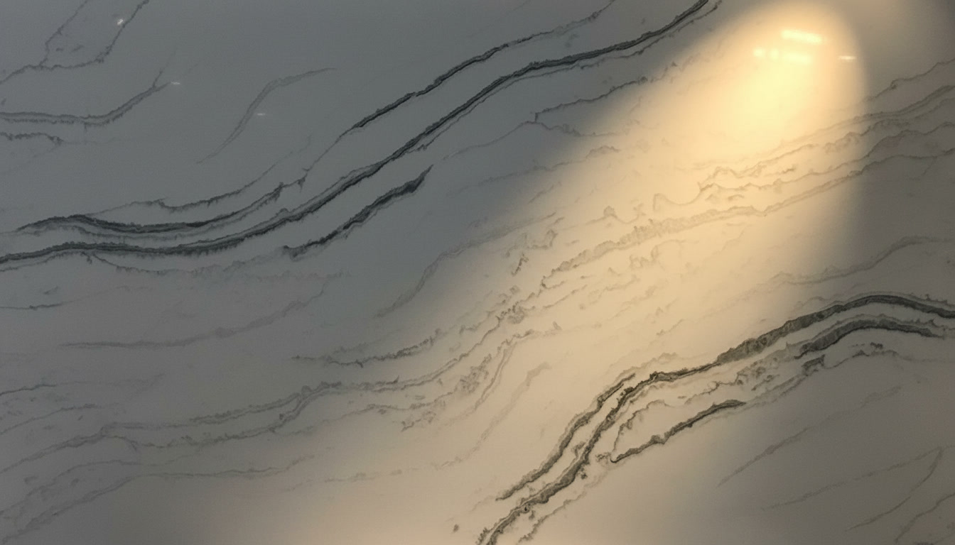 Quarzo venato Equinox grigio perla lucido con onde di venature scure, superficie Michelessi