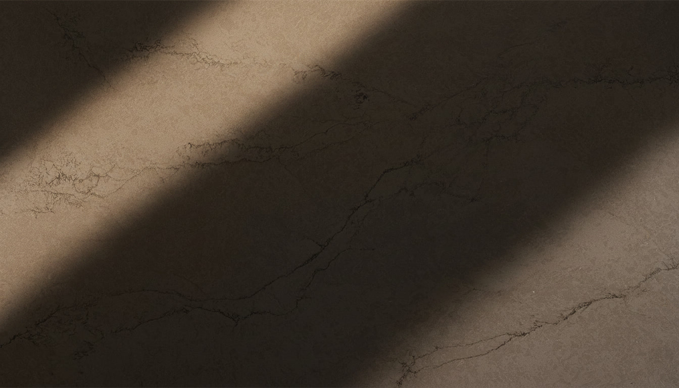 Quarzo venato Marmi Concrete tortora bruno con venature scure sottili, superficie materica Michelessi