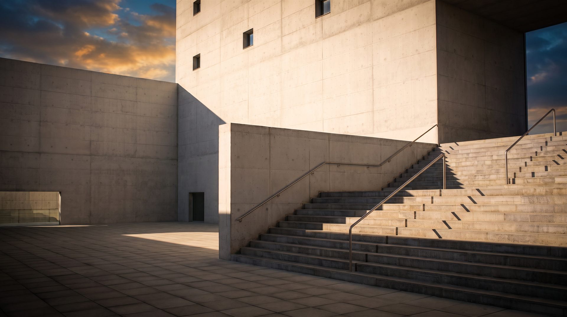 Visione di progetto: scalinata esterna in pietra chiara con corrimano in acciaio tra architetture bianche moderne e cielo azzurro