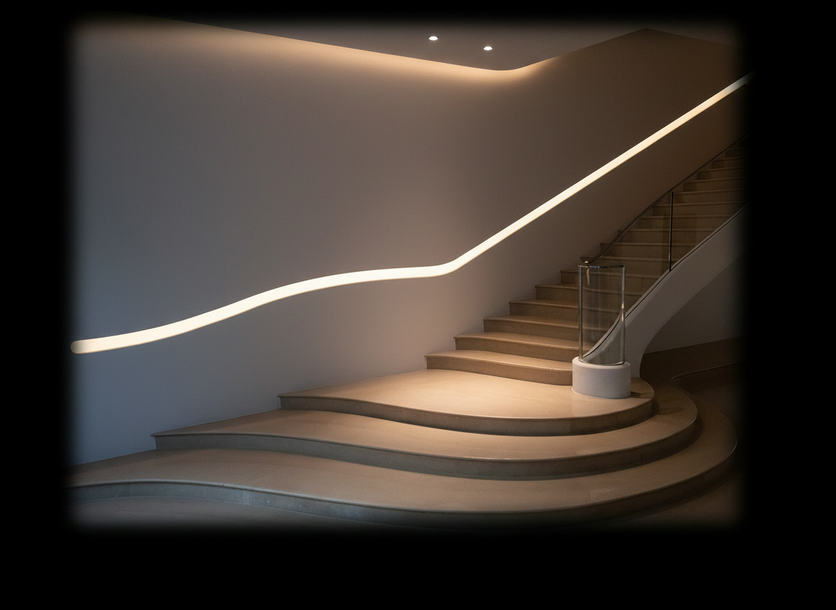 Scala moderna sinuosa in marmo bianco con corrimano incassato a parete e striscia di luce che ne segue la curva