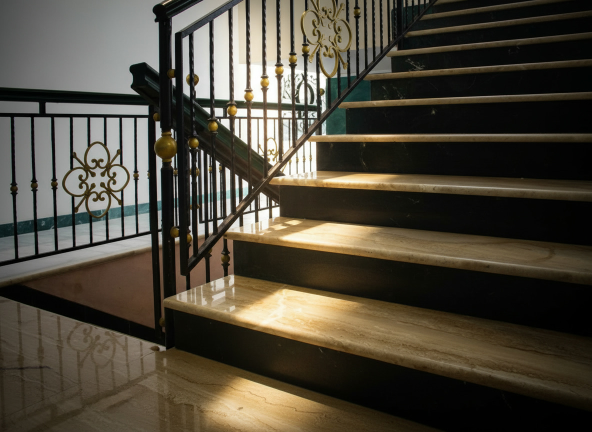 Scala in travertino noce chiaro con alzate scure e ringhiera in ferro battuto decorata con inserti dorati