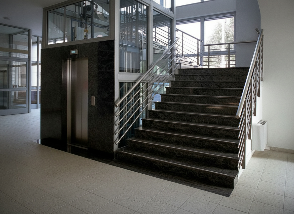Scala in quarzo nero con struttura in acciaio e ringhiera in acciaio spazzolato accanto ad ascensore a vista