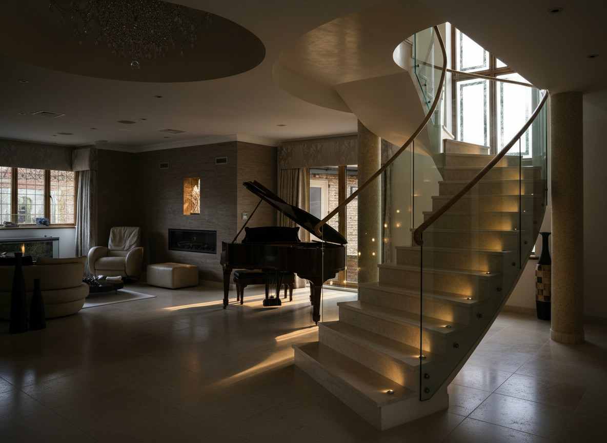 Scala curva in marmo bianco lucido con parapetto in vetro e corrimano in legno in un salone con pianoforte a coda