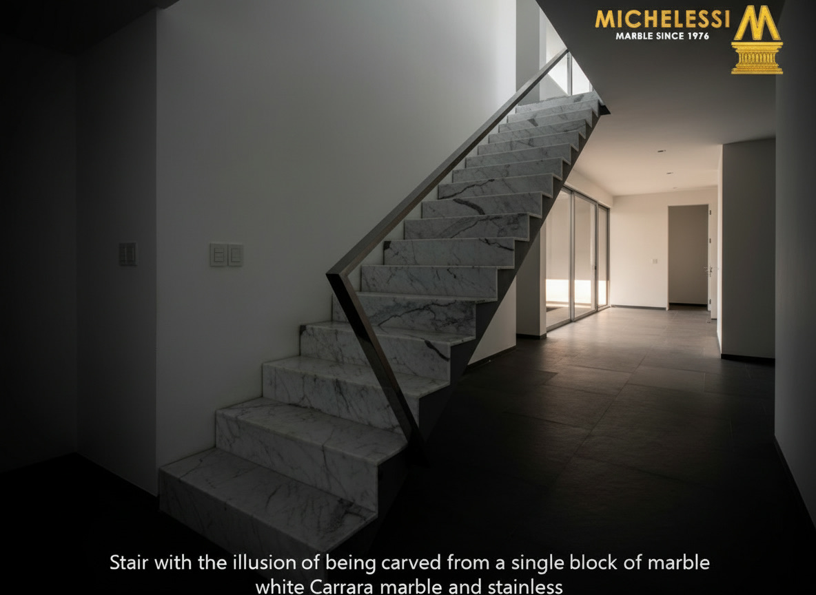 Scala monolitica in marmo bianco di Carrara e acciaio inox con effetto di pietra scolpita da un unico blocco