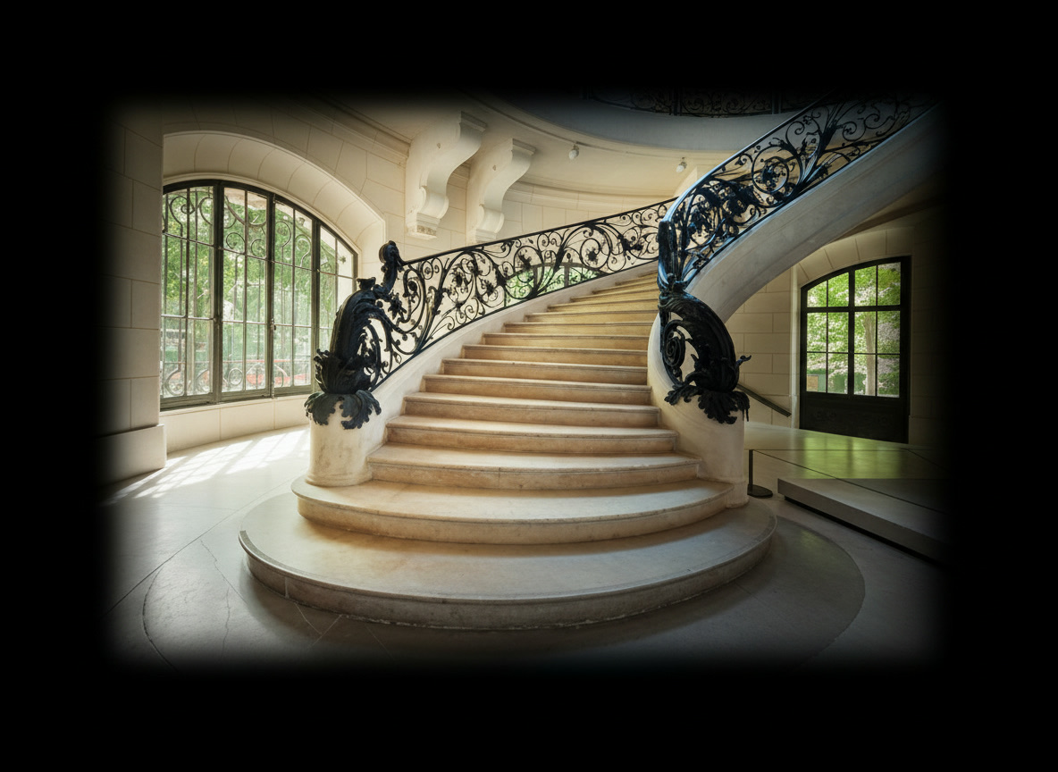 Scala in pietra chiara di dimora storica con rampa curva e ringhiera in ferro battuto riccamente decorata