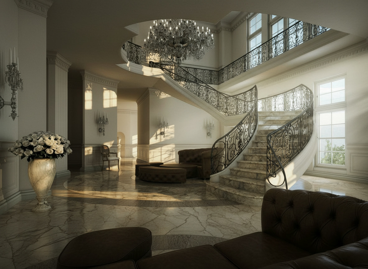 Scala a doppia rampa curva con pianerottolo in marmo Sodalite Royal e ringhiere in ferro battuto decorate