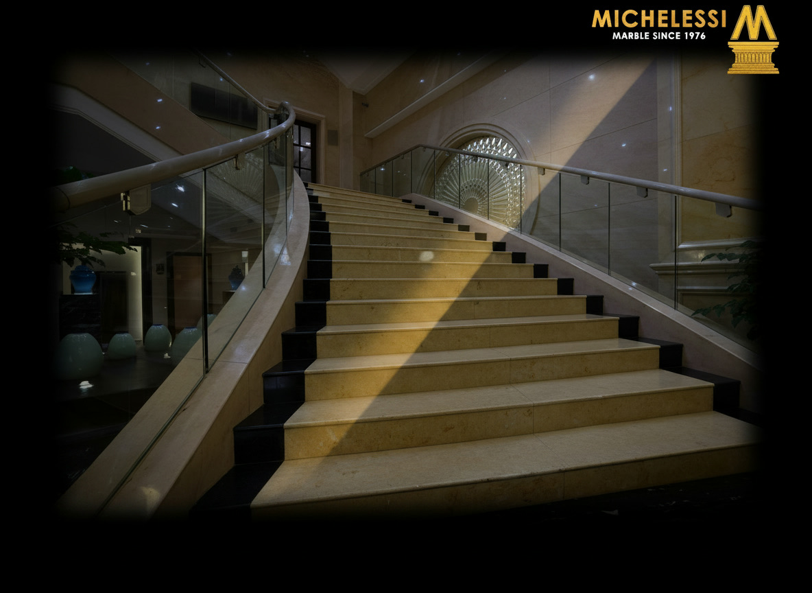 Scala su misura in marmo Brown Night con bordo lavorato a toro, parapetto curvo in vetro e rosone retroilluminato