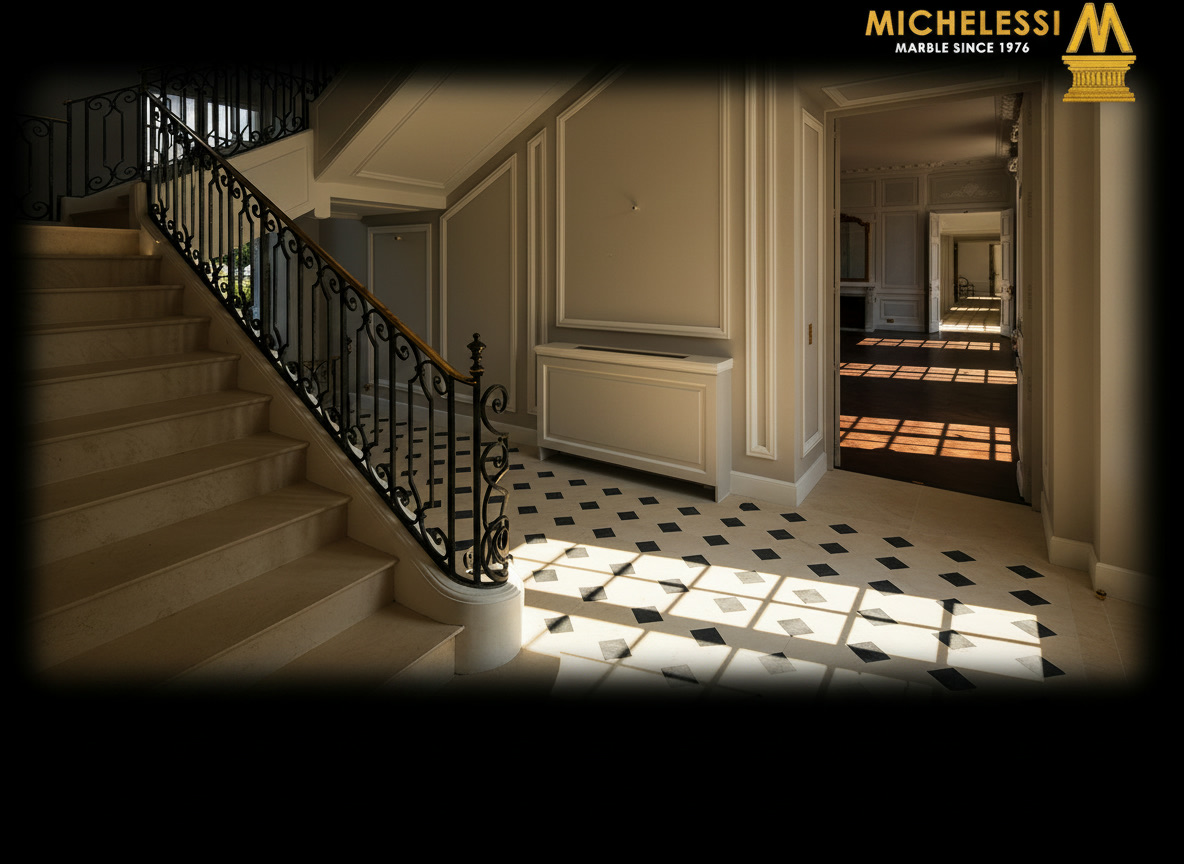 Scala classica in marmo Golden Cream con ringhiera in ferro battuto e pavimento chiaro a losanghe scure