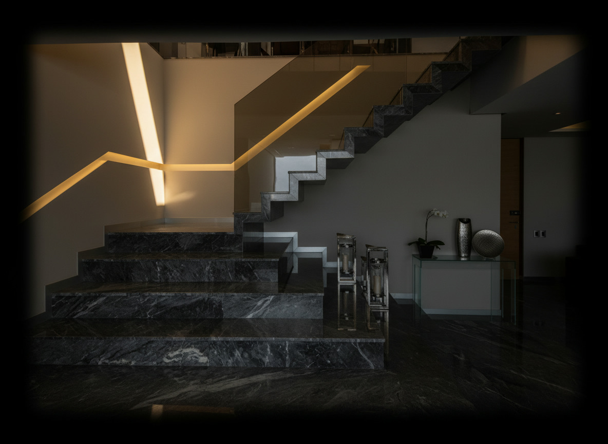 Scala moderna con ingresso ad angolo in marmo grigio Carnico e corrimano luminoso incassato nella parete