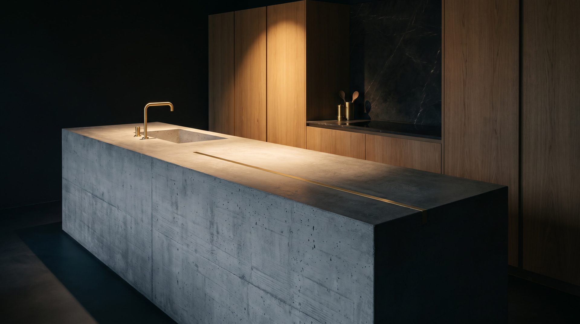 Visione Michelessi: Isola minimale in pietra grigia con lama d'ottone e colonne in rovere, in luce radente — le cucine in pietra refrattaria Michelessi