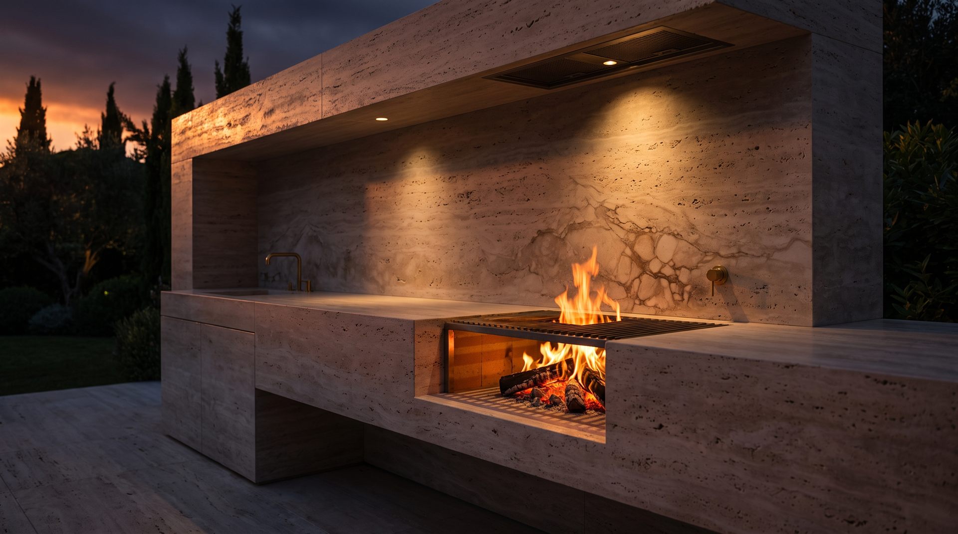 Visione Michelessi: Cucina da esterno in travertino con griglia a fuoco vivo, al tramonto tra i cipressi — le cucine da esterno Michelessi