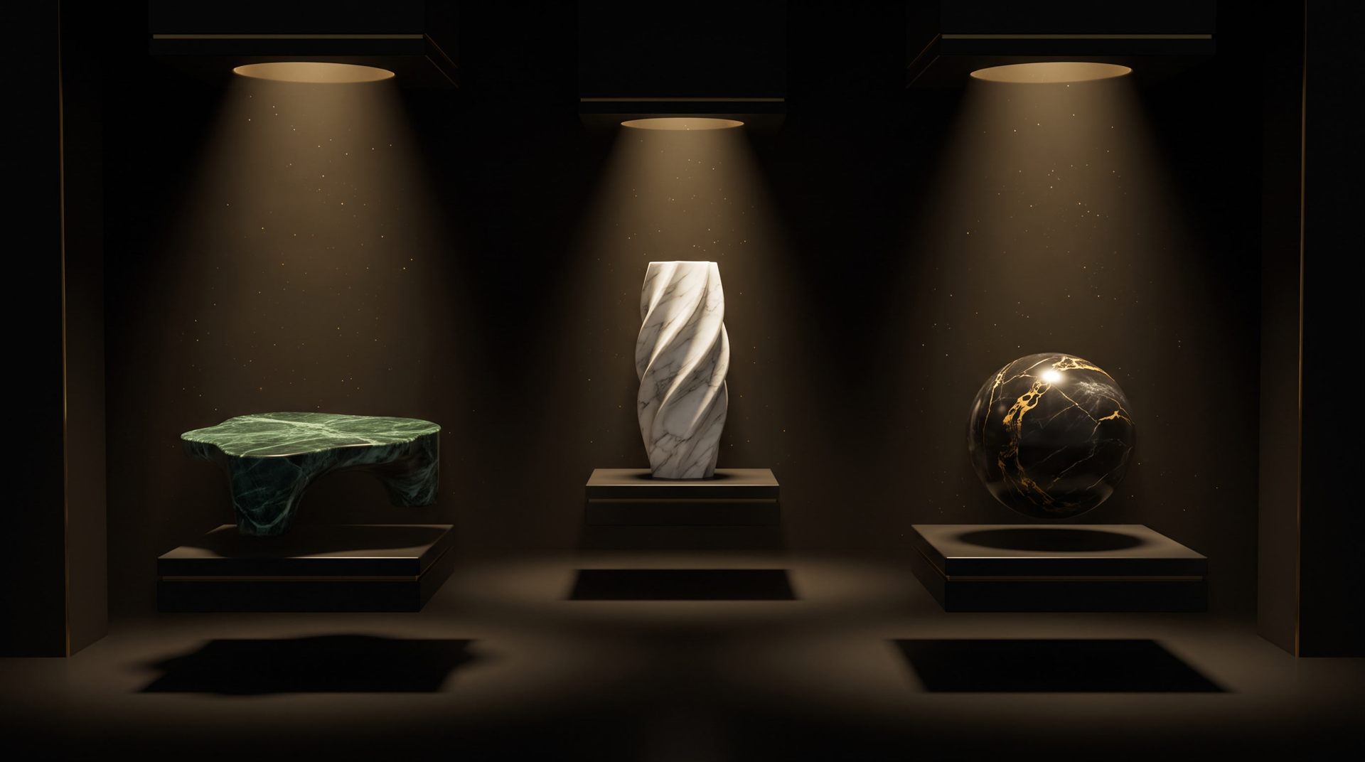 Visione di progetto: tavolino in Verde Guatemala, vaso ritorto in Statuario e sfera in Portoro, ognuno sotto il proprio fascio di luce come in un museo
