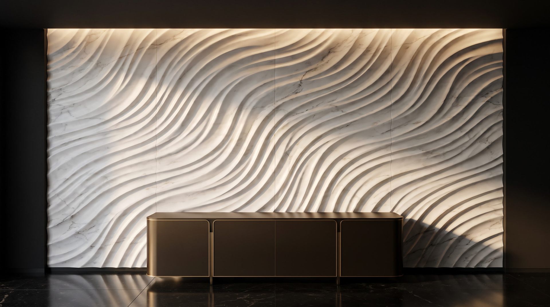 Visione di progetto: parete tridimensionale in marmo Statuario scolpita a onde profonde, con luce radente e consolle in bronzo