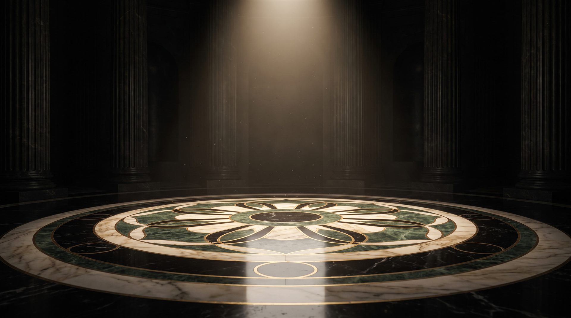 Visione di progetto: rosone a intarsio in Calacatta oro, Nero Marquina e Verde Guatemala con filetti d'ottone sotto un fascio di luce