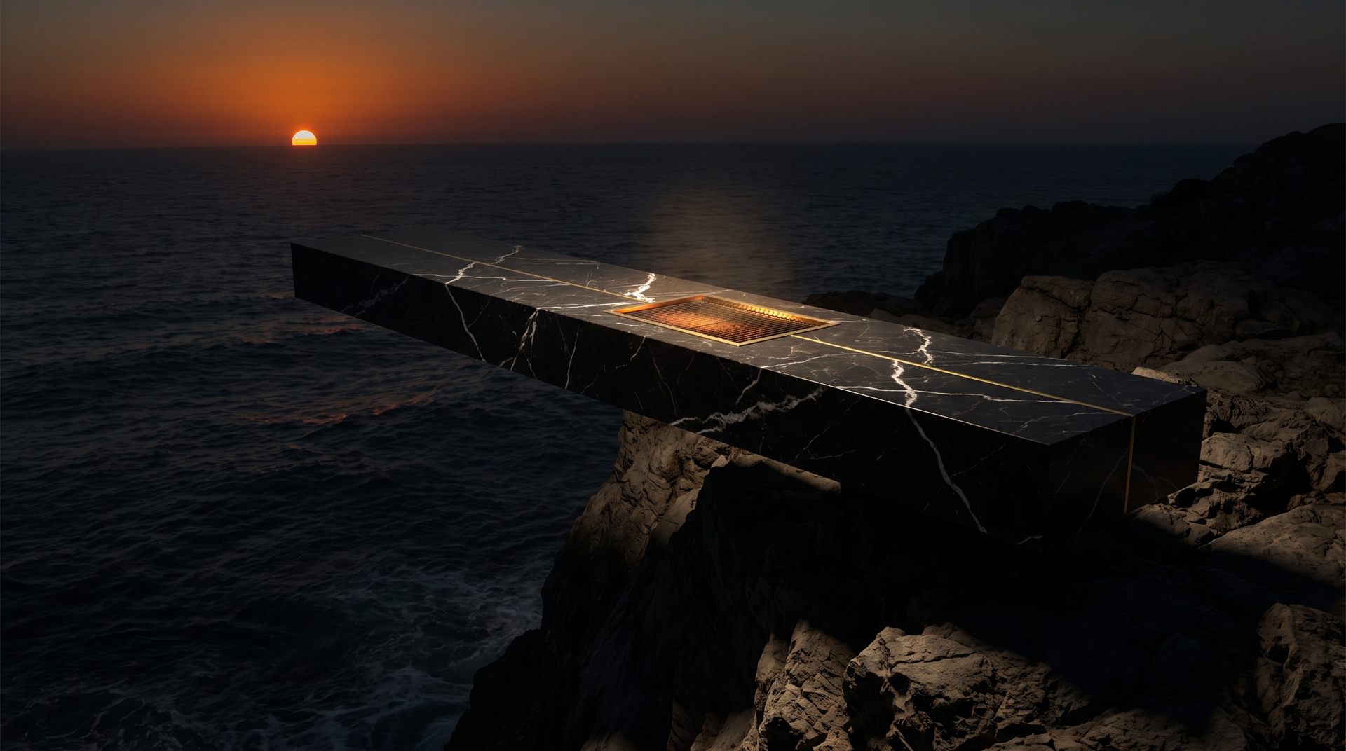 Visione Michelessi: lama monolitica in Nero Marquina a sbalzo sulla scogliera al tramonto, con braciere in rame incassato nel piano