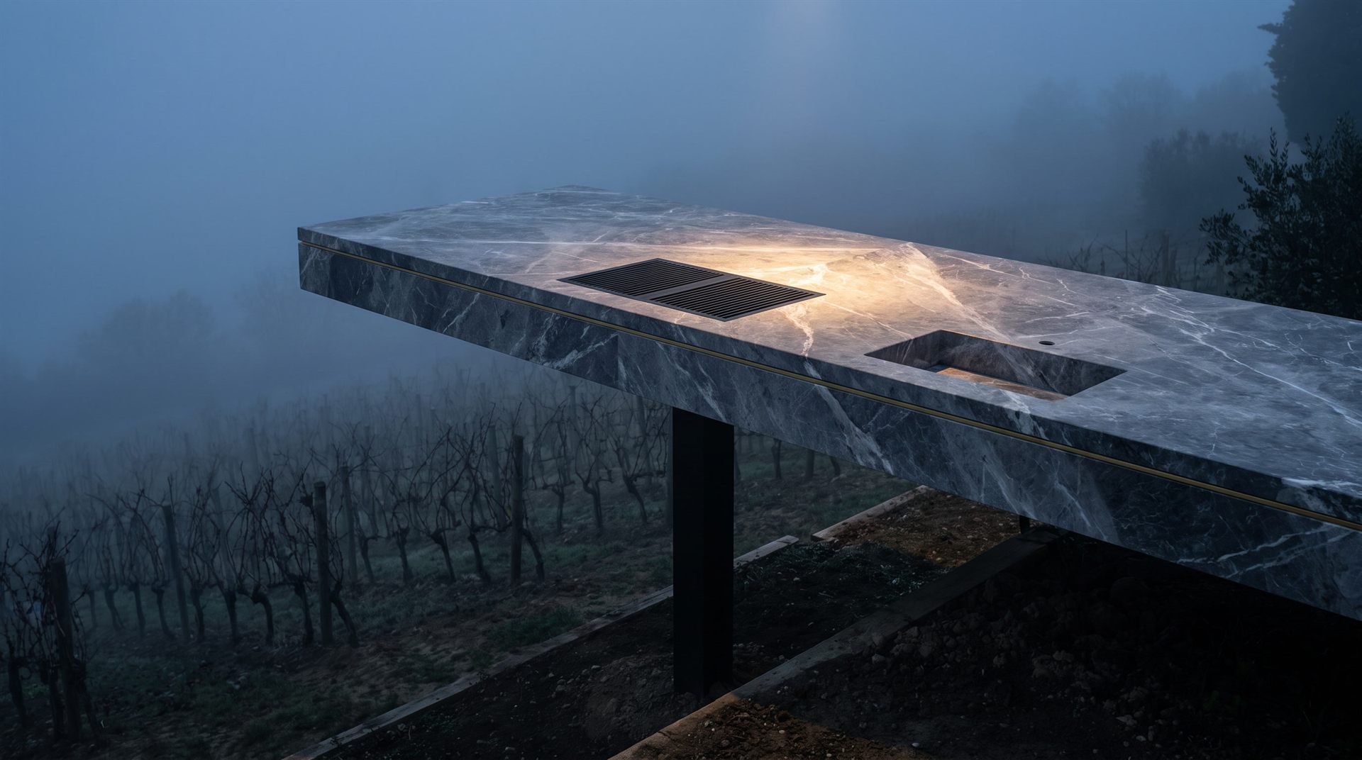 Visione Michelessi: piano sospeso in marmo grigio venato con griglia e vasca incassate, su una vigna avvolta dalla nebbia del mattino