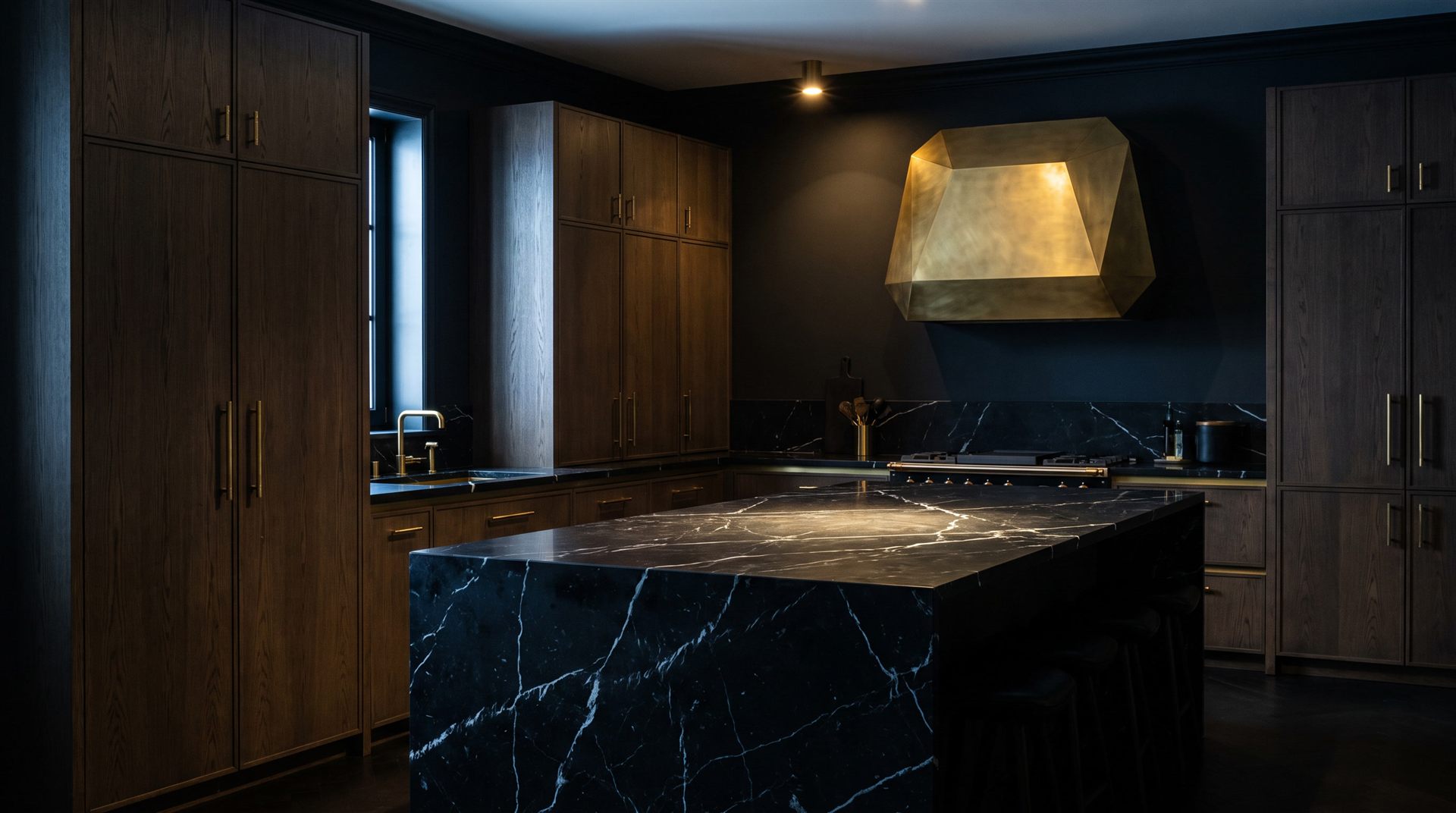 Visione di progetto: isola in marmo Nero Marquinia sotto una cappa d'ottone sfaccettata, cucina in rovere scuro