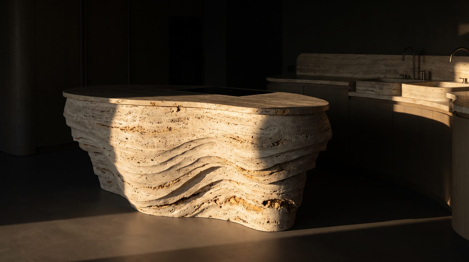 Visione di progetto: isola in travertino romano scolpita a onde con piano levigato, nella luce del mattino