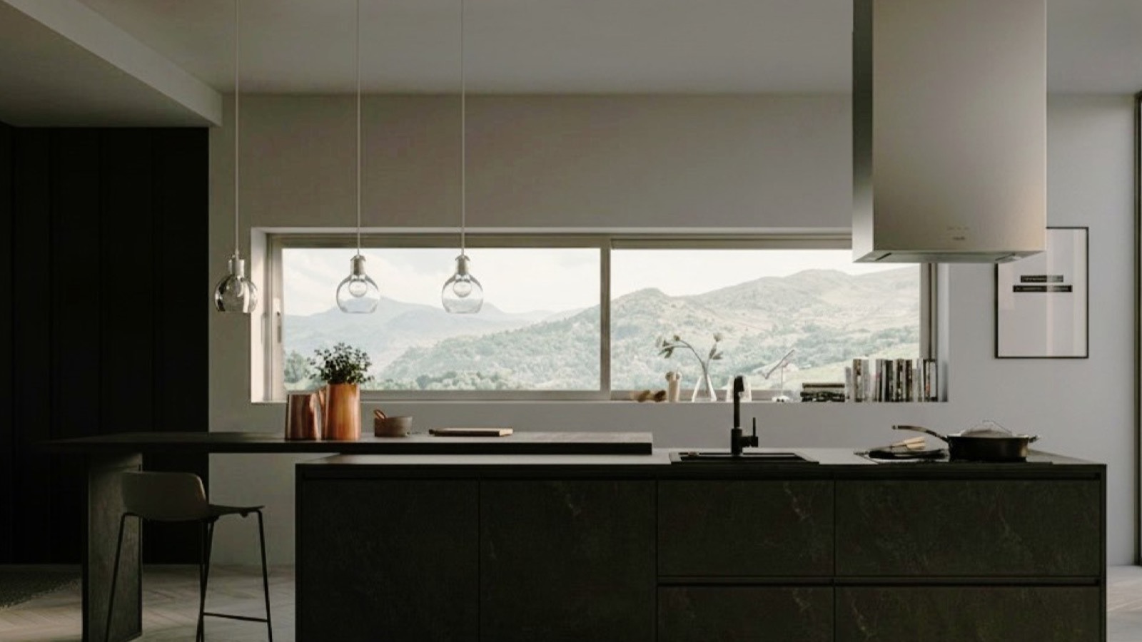 Dark stone-effect island with suspended steel hood and panoramic window over the valley