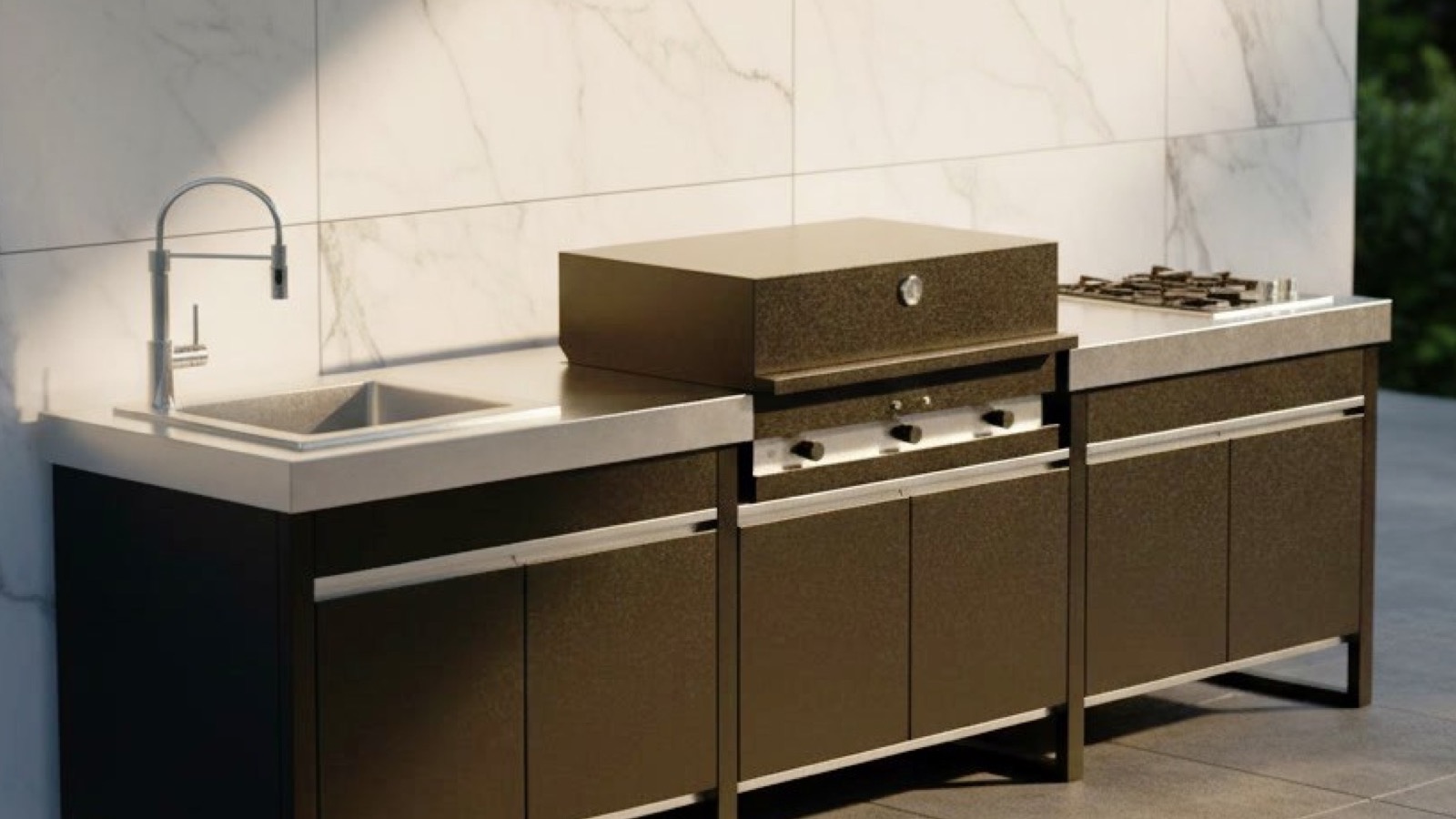 Cucina da esterno Fogher Larès modulare FKC 023 nera con piano in acciaio, lavello, barbecue e modulo di servizio