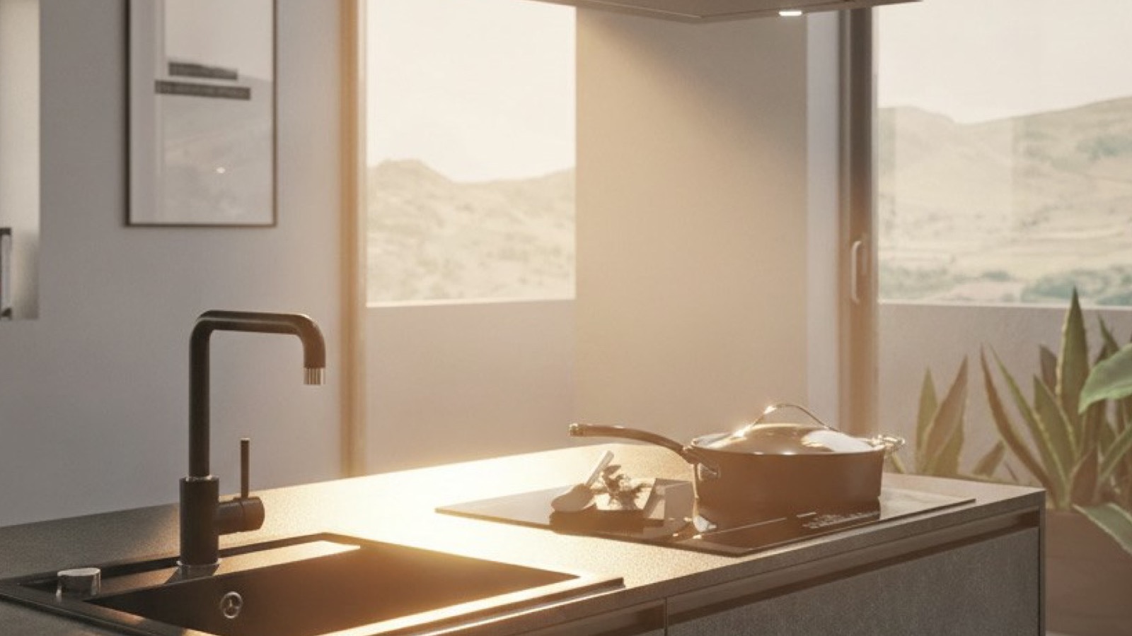 Dark stone-effect kitchen island with black sink and panoramic window over the hills