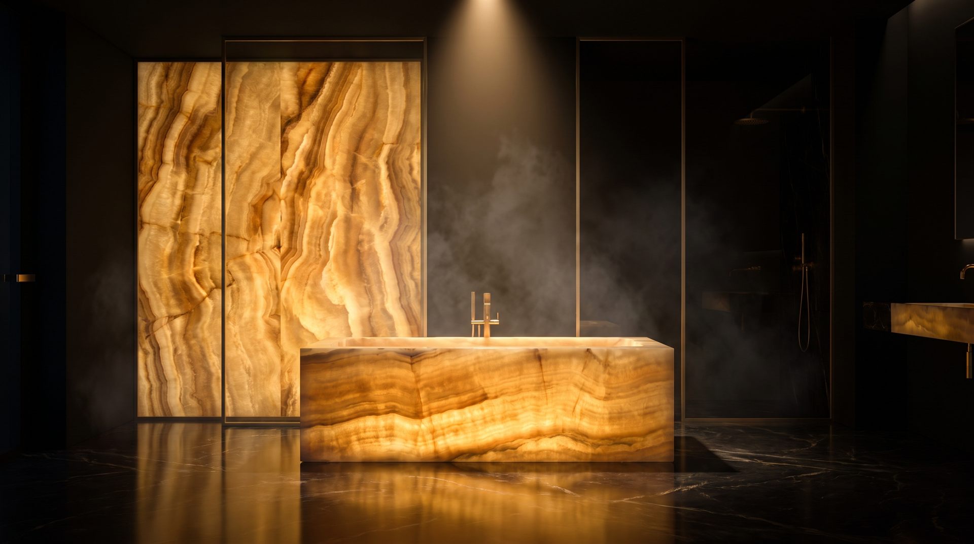 Visione Michelessi: bagno con vasca monolitica e pareti in onice miele retroilluminato, pavimento in marmo nero, vapore nella luce