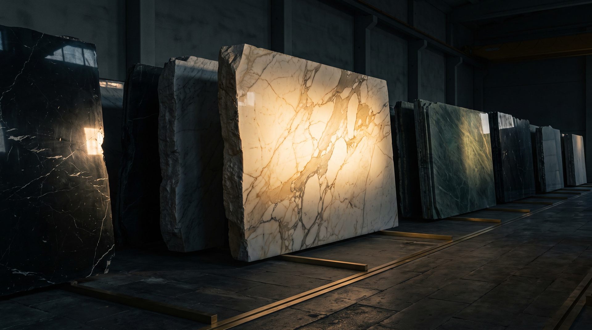Visione Michelessi: lastre giganti di Calacatta oro, Nero Marquina e Verde Guatemala in luce radente nella galleria buia