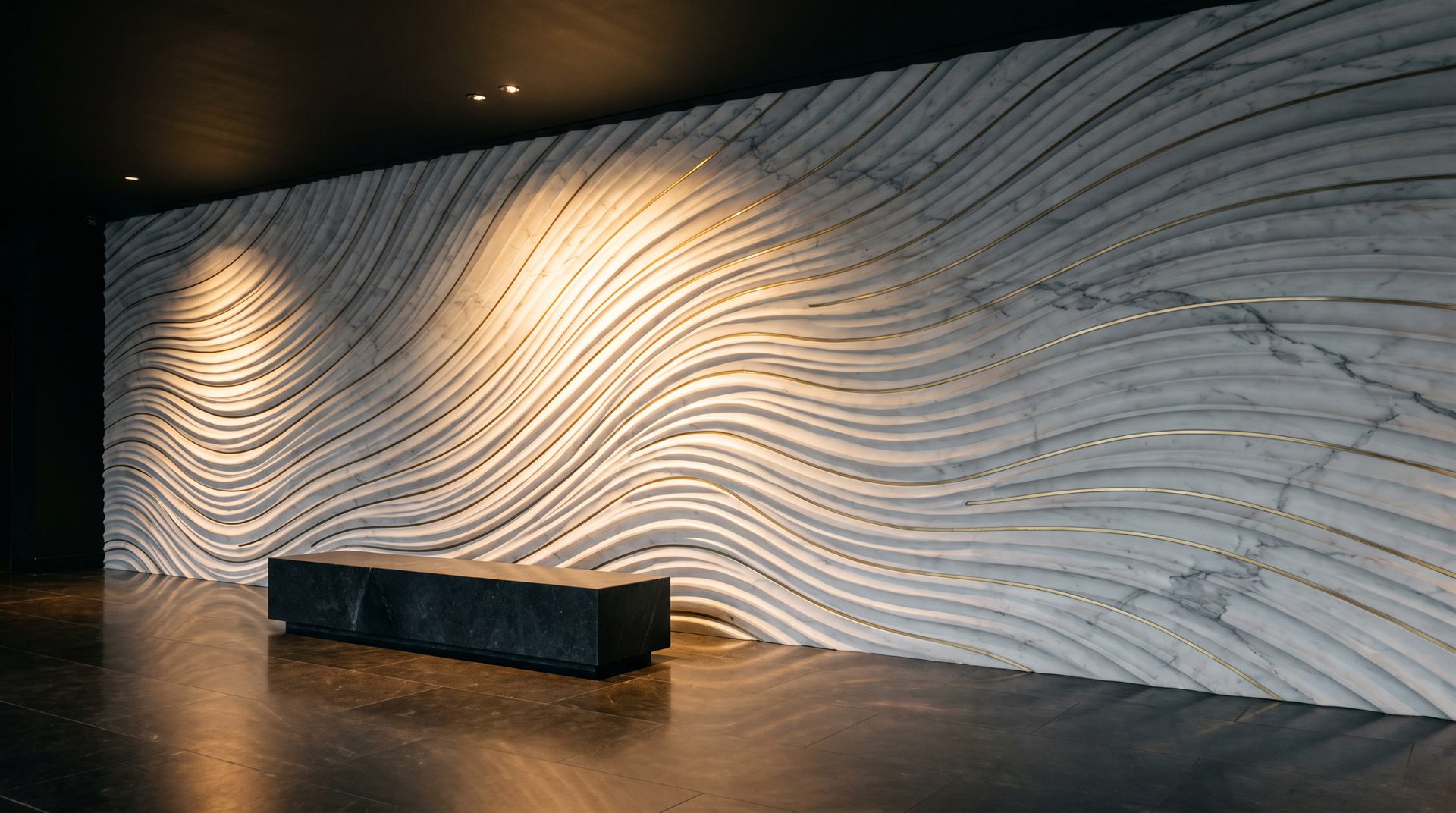 Visione Michelessi: parete in Bianco Statuario scolpita a onde profonde come dune, con filetti d'oro nelle scanalature