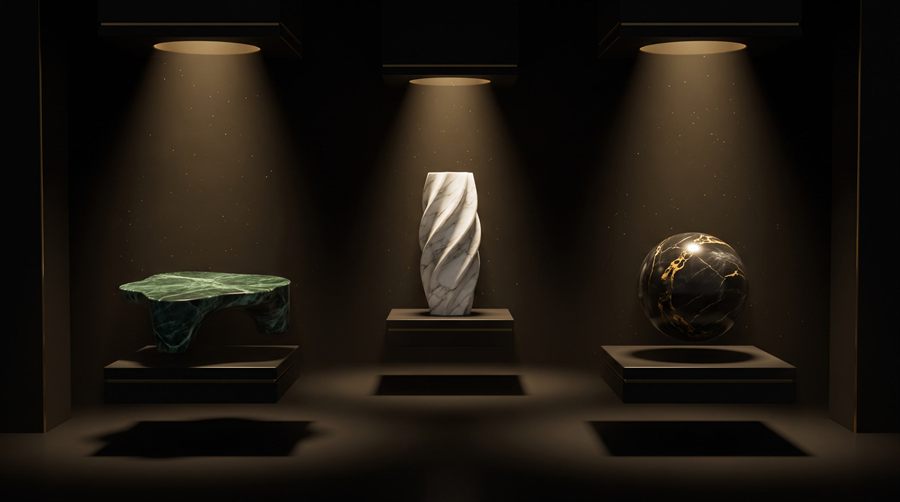 Design vision: works in Verde Guatemala, Statuario and Portoro under museum spotlights, preview of the furnishing elements collection