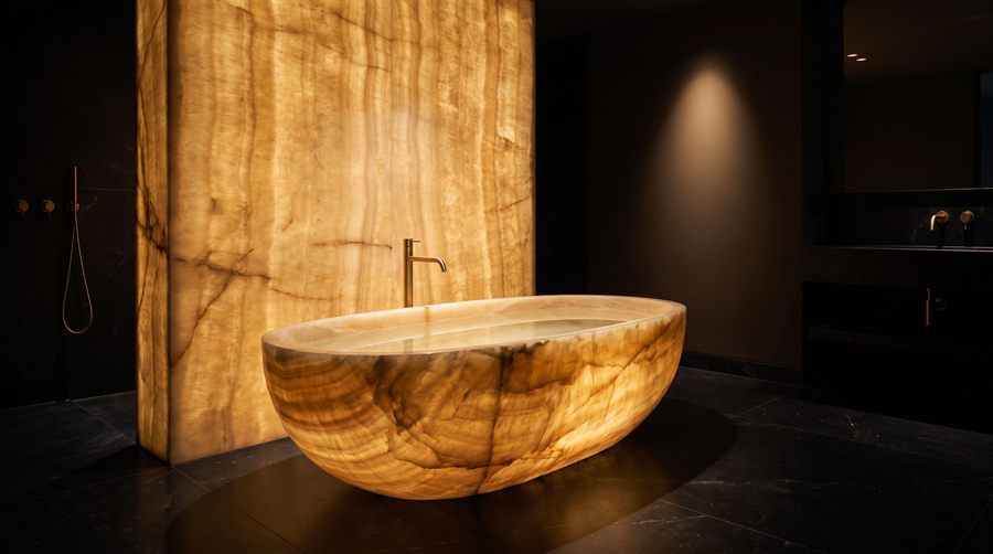 Design vision: monolithic bathtub in backlit honey onyx, preview of the bathrooms collection
