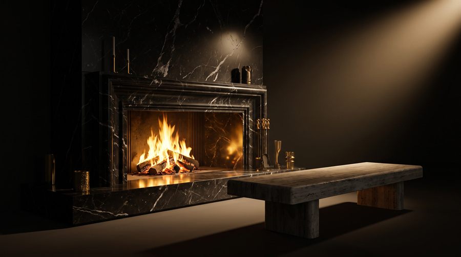 Design vision: monumental Nero Marquina fireplace with a roaring fire, preview of the fireplaces collection