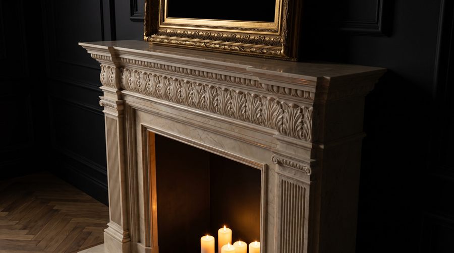 Design vision: classical Crema Marfil fireplace surround with carved acanthus leaves, preview of the frames collection