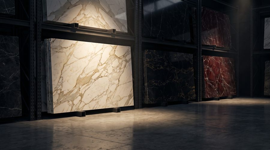 Design vision: a library of slabs with a Calacatta slab under the spotlight, preview of the marbles and materials collection