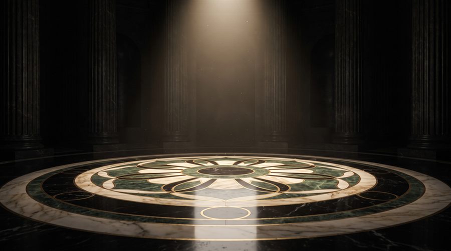 Design vision: inlaid rosette of Calacatta, Nero Marquina and Verde Guatemala, preview of the floors collection