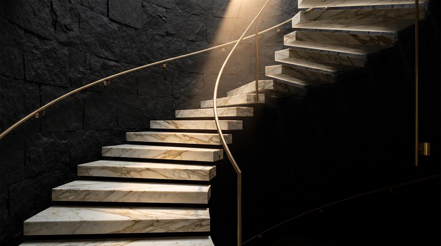 Design vision: cantilevered Calacatta gold staircase with a brass handrail, preview of the staircases collection
