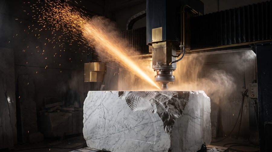 A vision of the craftsmanship: the machining centre carves the block amid sparks and mist, preview of the craftsmanship collection