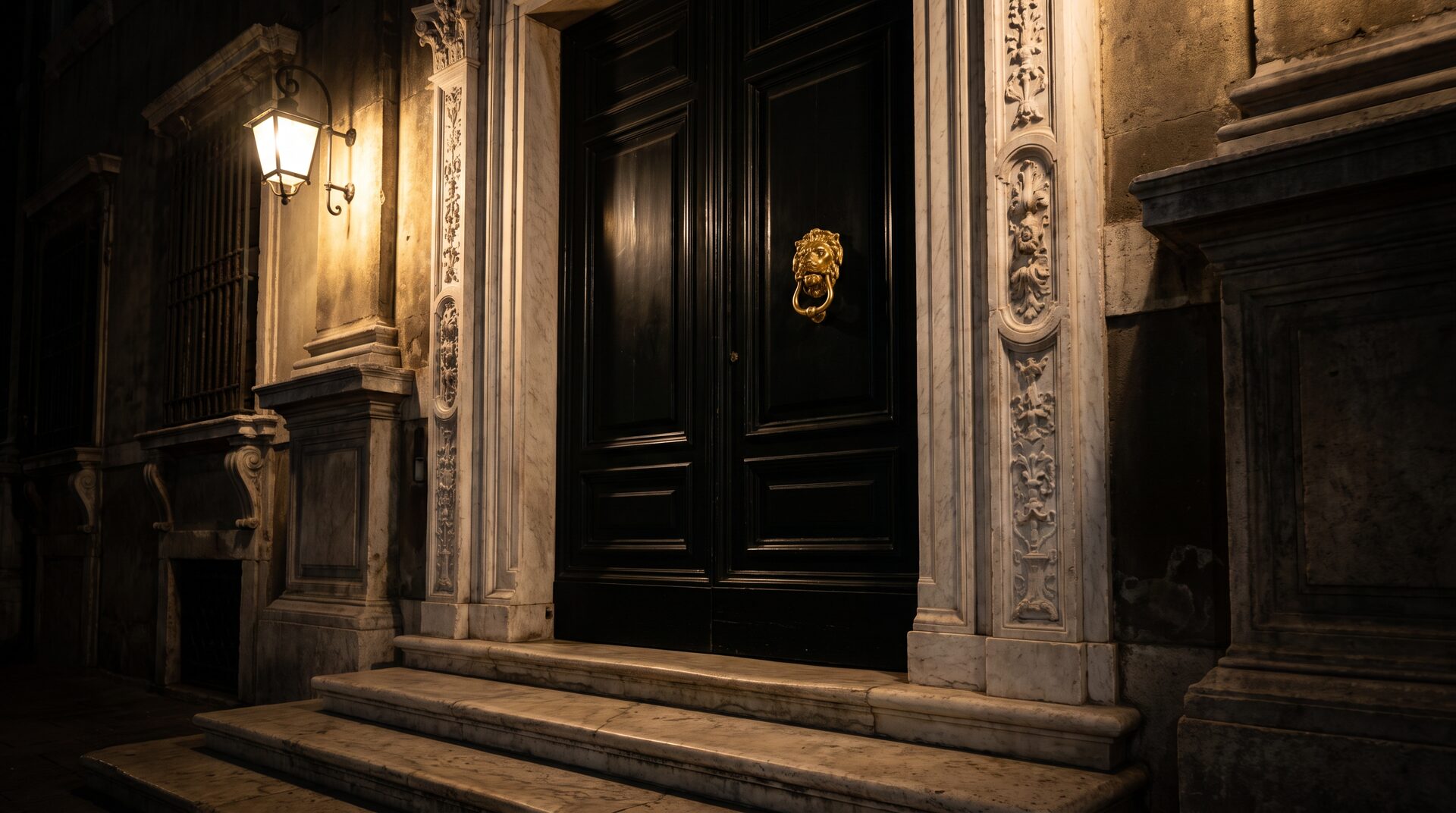 Il portone della Maison di notte: il portale di marmo intagliato e il battente col leone d’ottone