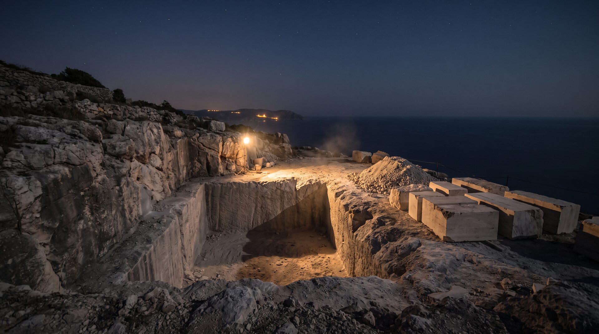 Lo scavo nella roccia sulla rupe a picco sul mare, di notte: la vasca cavata nella pietra viva, i blocchi di travertino accatastati