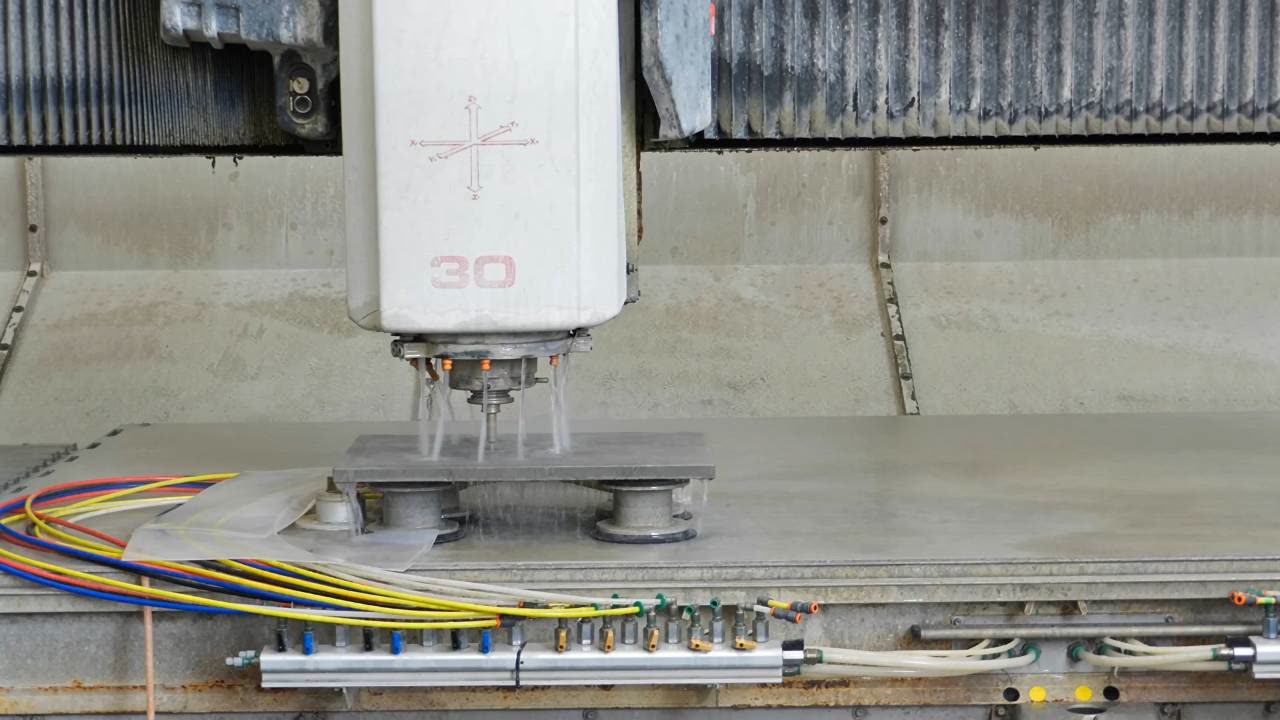 Project vision: the CNC bridge works the slab under jets of water, in the workshop