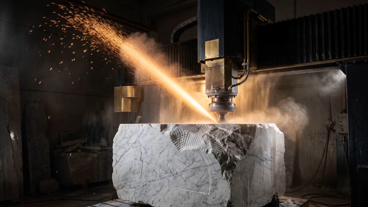 Project vision: the workshop's milling head descends on the marble block in the half-light, among sparks and vapour, under a single warm beam