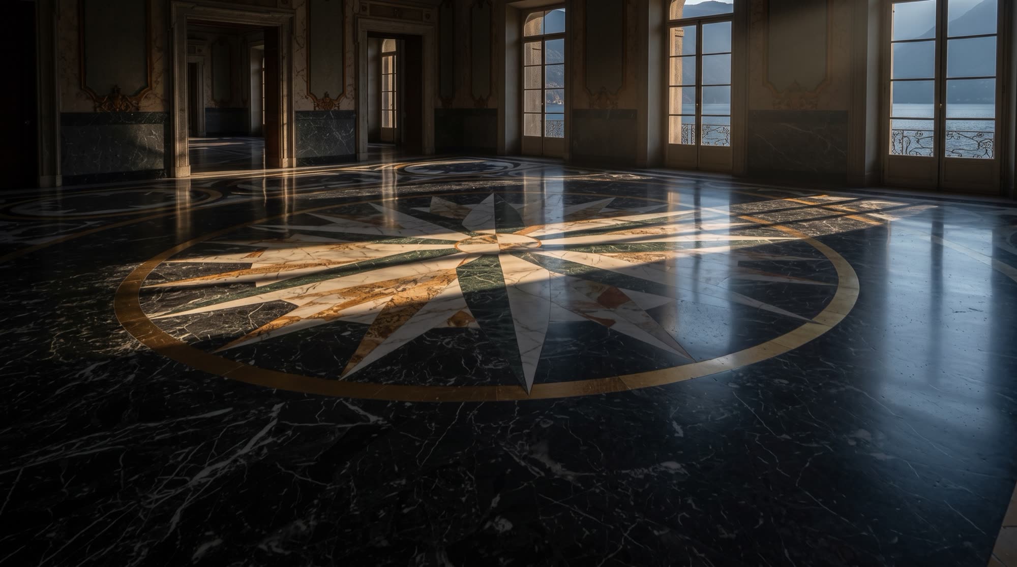 Pavimento intarsiato del salone verso il lago: grande rosa di Calacatta Oro e Verde Alpi su fondo di Nero Marquinia sotto un fascio di luce radente, una visione Michelessi