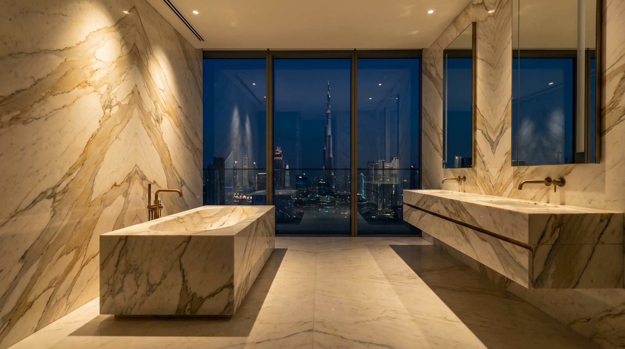 Visione di progetto: stanza da bagno padronale in Calacatta Oro con vasca monolitica, parete a macchia aperta e lo skyline di Dubai di notte oltre la vetrata &mdash; visione Michelessi