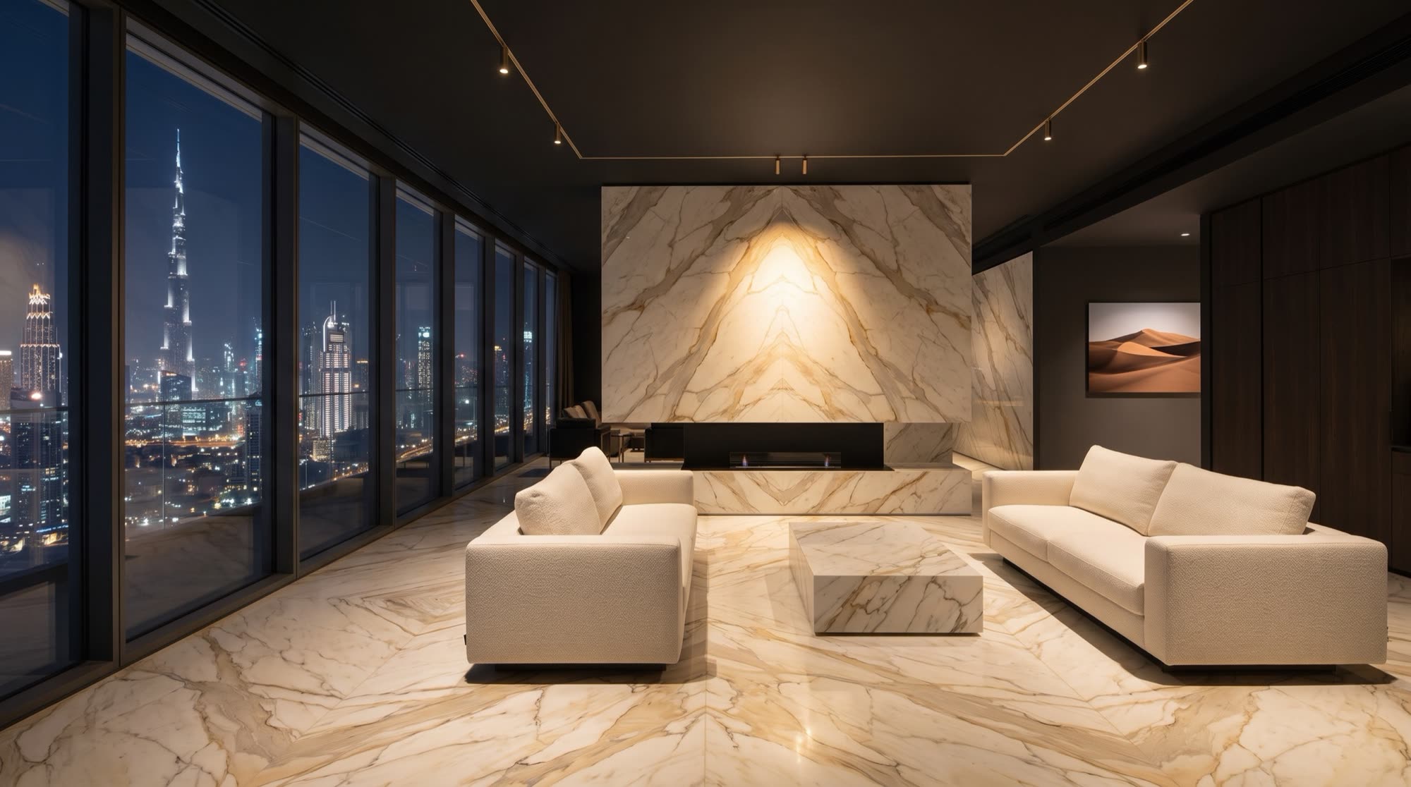 Visione di progetto: salone dell&rsquo;attico con pavimento continuo in Calacatta Oro, parete camino sospesa nello stesso marmo e le torri di Dubai di notte &mdash; visione Michelessi