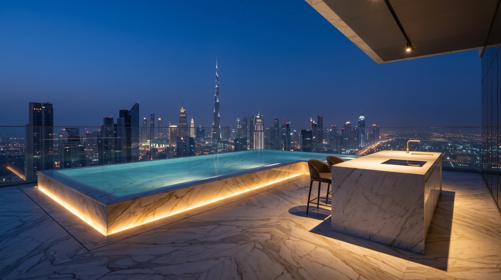 Visione di progetto: terrazza sul tetto con piscina a sfioro e pavimento in Calacatta Oro, bancone monolitico e lo skyline di Dubai al crepuscolo &mdash; visione Michelessi
