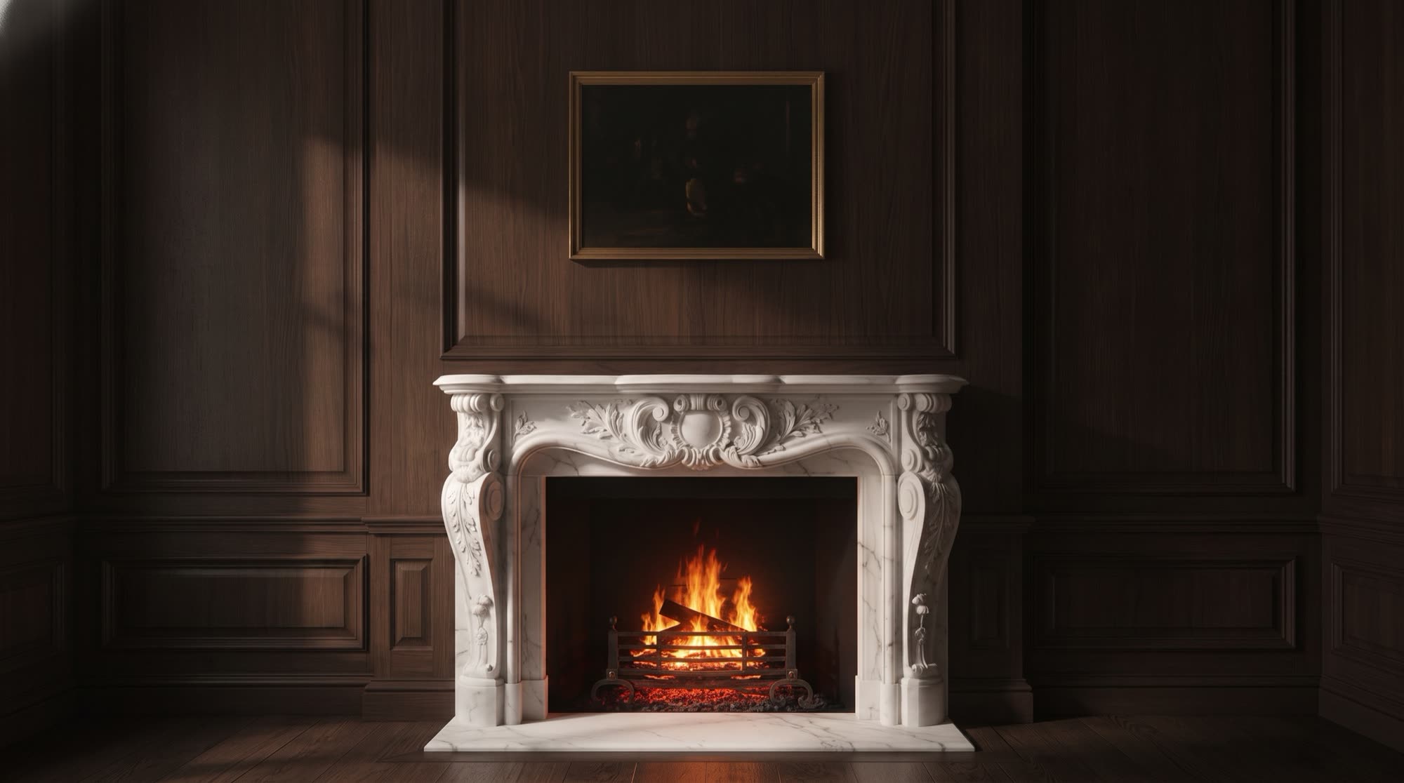 Drawing room with floor-to-ceiling smoked-walnut panelling and a carved white statuario marble fireplace with its flame alight, a Michelessi design vision