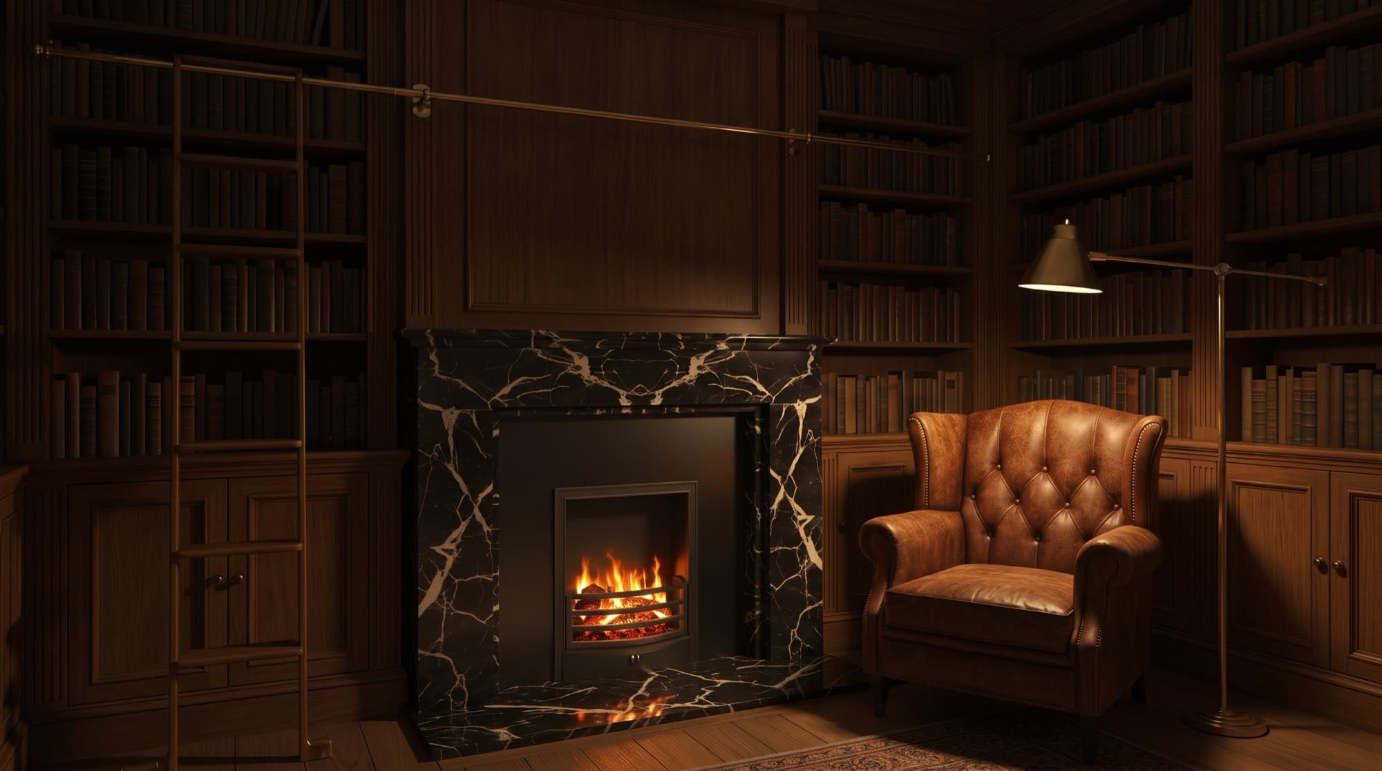 Library with full-height bookshelves, a ladder on a brass rail, a black Marquinia marble fireplace and a leather armchair beneath the lamp, a Michelessi design vision
