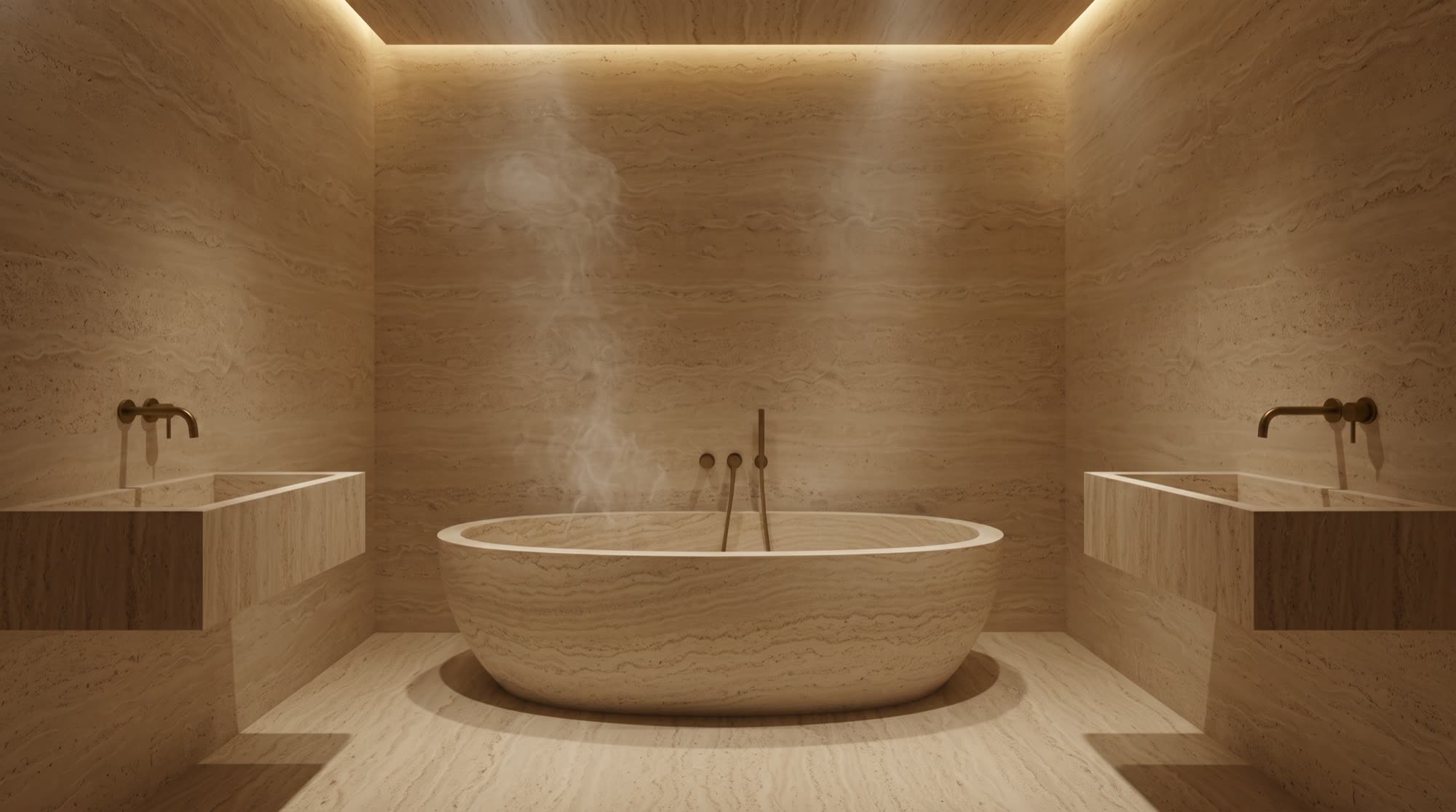 Master bathroom entirely clad in Roman travertine with basins hollowed from the solid block, a monolithic bath and grazing light on the stone, a Michelessi design vision