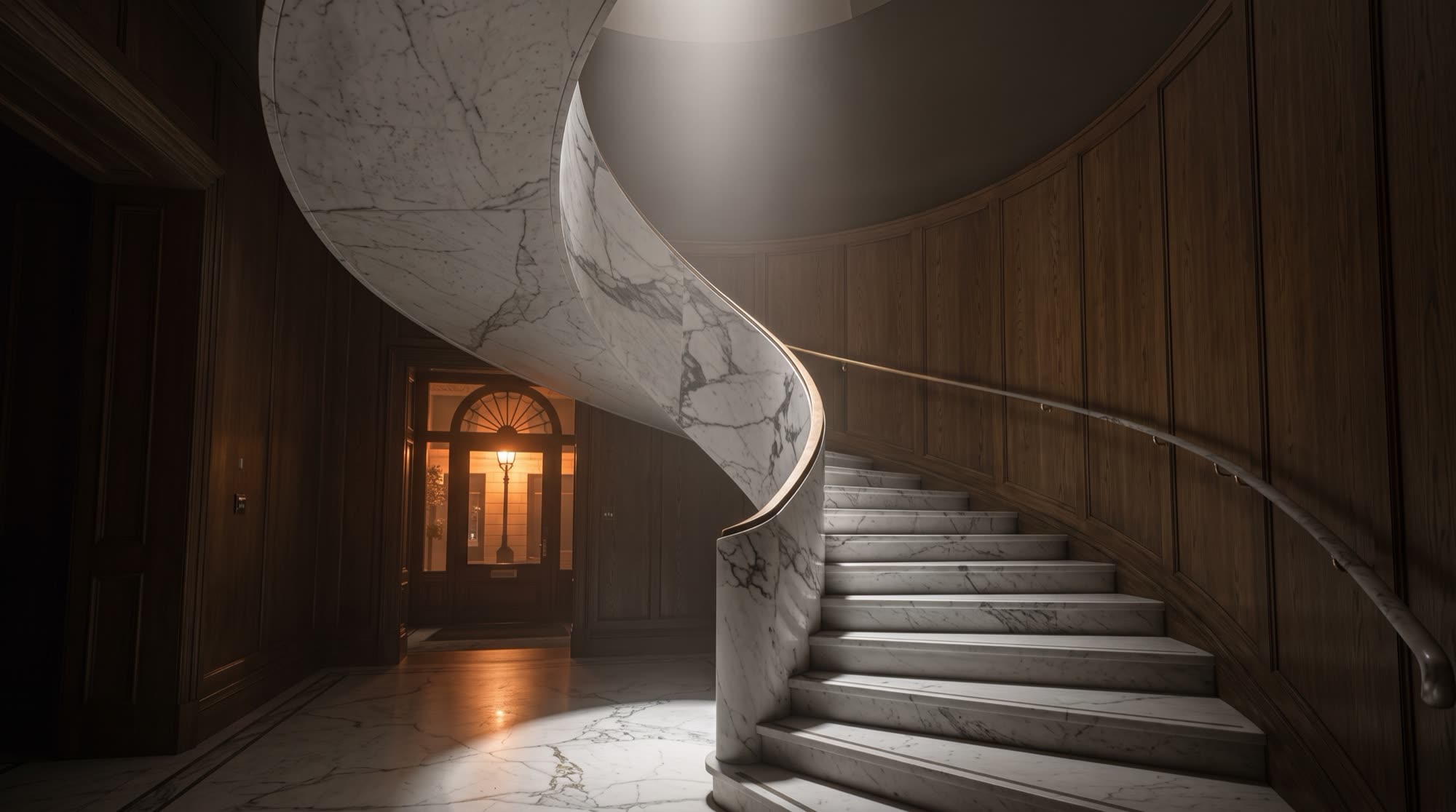 Visione di progetto: townhouse a Mayfair con scala elicoidale in marmo Statuario, Londra